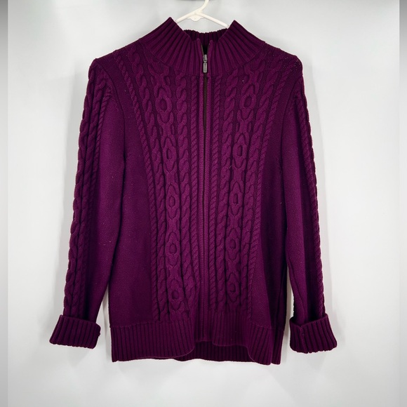 LL Bean Zip Up Sweater Cable Knit Purple Cotton Womens Size Medium Regular - Picture 1 of 8